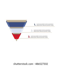 Sales / Conversion funnel. Cone with 3 colored ribbons on a white background. Vector illustration.