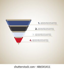 Sales / Conversion funnel. Cone with 4 ribbons on a white background. Vector illustration.