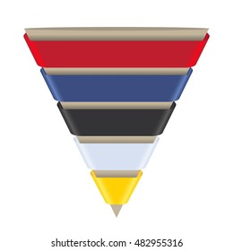 Sales / Conversion funnel. Cone with 5 colored ribbons on a white background. Vector illustration.