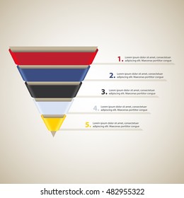 Sales / Conversion funnel. Cone with 5 colored ribbons. Vector Infographic