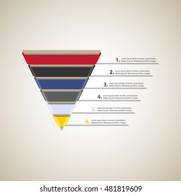 Sales / Conversion Funnel. Cone With 6 Colored Ribbons. Vector Infographic