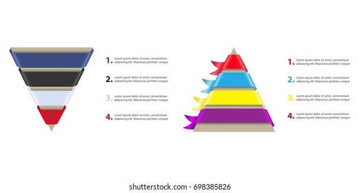 Sales / Conversion funnel and Hierarchy of Needs Pyramid. Cone with 4 ribbons on a white background. Vector infographics.