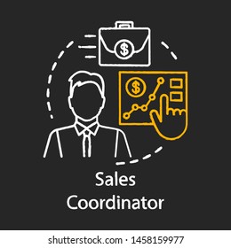 Sales coordinator chalk icon. Customer support representative. Service specialist. Salesman, marketer. Progress monitoring. Administrative assistant. Isolated vector chalkboard illustration