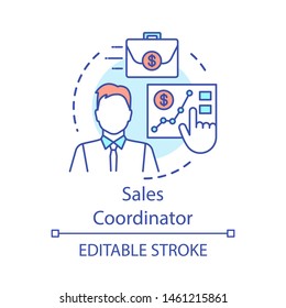 Sales coordinator concept icon. Customer support representative idea thin line illustration. Service specialist. Salesman, marketer, assistant. Vector isolated outline drawing. Editable stroke