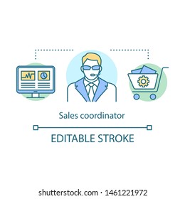 Sales coordinator concept icon. Customer support manager representative idea thin line illustration. Service specialist. Administrative assistant. Vector isolated outline drawing. Editable stroke