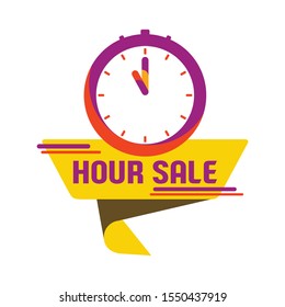 Sales countdown banner with a symbol of a clock and a modern yellow ribbon that says hour sale. Bright red, purple and yellow colored banners