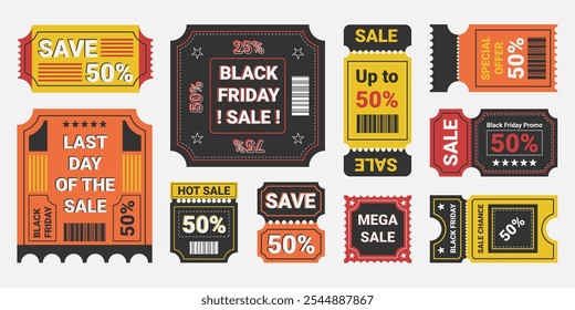 Sales coupons, stickers and labels. Black Friday tags set, business vouchers and products sales promotions. Vector illustration.