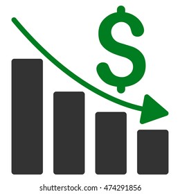 Sales Crisis Chart icon. Vector style is bicolor flat iconic symbol with rounded angles, green and gray colors, white background.