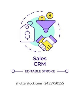 Icono de concepto multicolor de Sales CRM. Generación de leads, gestión de contactos. Rendimiento empresarial. Ilustración de línea de forma redonda. Abstractas idea. Diseño gráfico. Fácil de usar en infografía, presentación