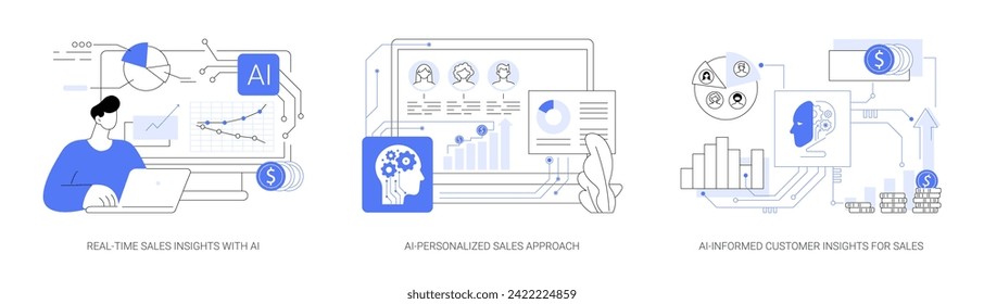 Sales Customization with AI abstract concept vector illustration set. Real-Time Sales Insights, AI-Personalized Approach, AI-Informed Customer Insights, business decision-making abstract metaphor.