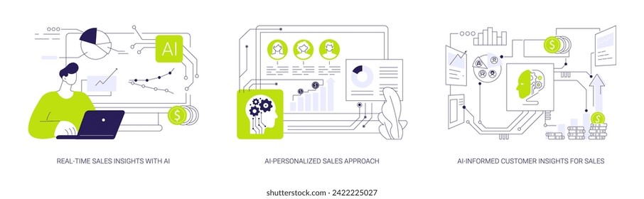 Sales Customization with AI abstract concept vector illustration set. Real-Time Sales Insights, AI-Personalized Approach, AI-Informed Customer Insights, business decision-making abstract metaphor.