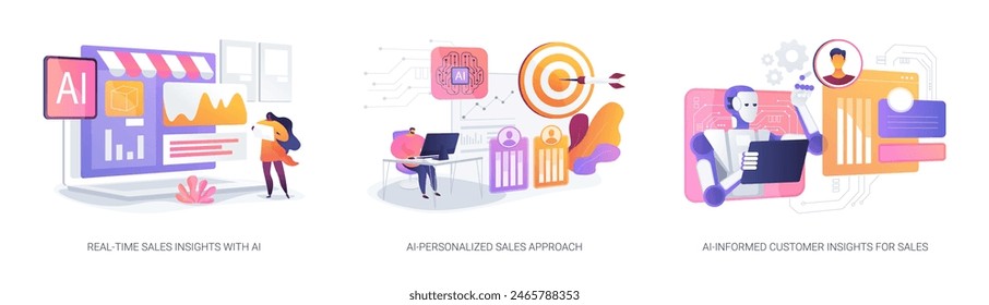 Personalización de ventas con conjunto de Ilustración vectorial de concepto abstracto de IA. Perspectivas de ventas en tiempo real, enfoque personalizado de IA, percepciones del Cliente informadas por IA, toma de decisiones empresariales metáfora abstracta.