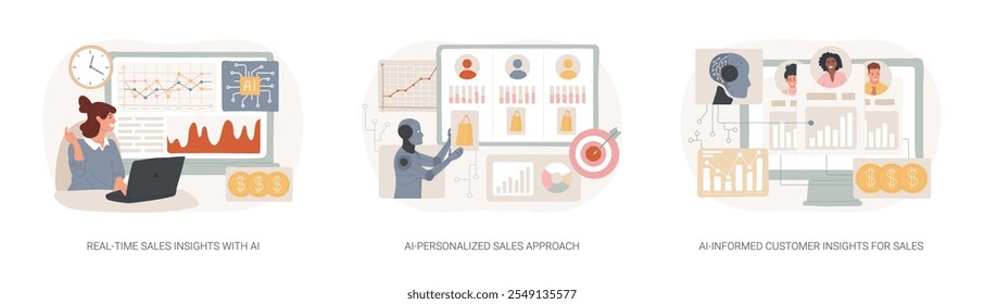 Sales Customization with AI abstract concept vector illustration set. Real-Time Sales Insights, AI-Personalized Approach, AI-Informed Customer Insights, business decision-making abstract metaphor.