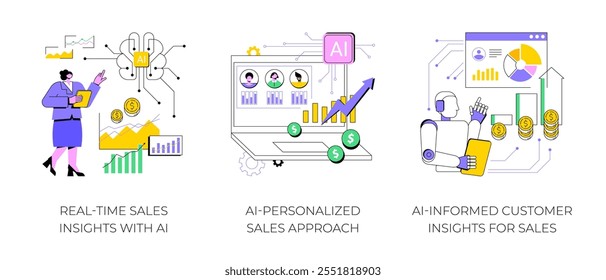 Sales Customization with AI abstract concept vector illustration set. Real-Time Sales Insights, AI-Personalized Approach, AI-Informed Customer Insights, business decision-making abstract metaphor.