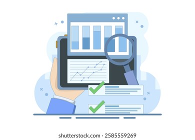 Sales data growth graph analysis report concept on computer or pc with audit and success notification, online analytics technology graph idea or internet statistics. Flat cartoon vector.