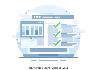 Sales data growth graph analysis report concept on computer or pc with audit and success notification, online analytics technology graph idea or internet statistics. Flat cartoon vector.