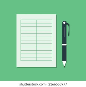 Sales Datasheet Data Entry Paper Pen Page Listing Document Office Corporate Flat Modern Equipment Business Illustration