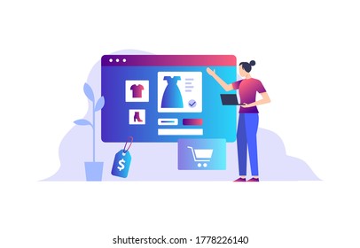 A Sales demonstrate to audience how to sell a products and gets revenue from her marketplace with right way. Vector illustration with gradient style