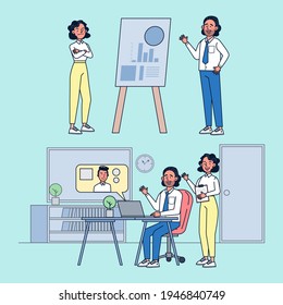 The sales department brings big projects to key customers. He presented them with charts and analysis. flat illustration vector design