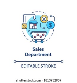 Sales Department Concept Icon. Marketing Plans. Commerce Research. Merchandise Sell. Product Management Idea Thin Line Illustration. Vector Isolated Outline RGB Color Drawing. Editable Stroke