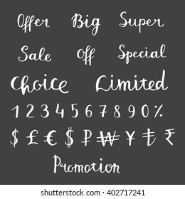 Sales design elements - of hand sketched signs, symbols and catchwords made in vector. Handsketched set of design elements. Calligraphic detailes.