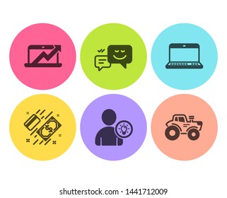 Sales diagram, Happy emotion and Payment icons simple set. User idea, Notebook and Tractor signs. Sale growth chart, Web chat. Flat sales diagram icon. Circle button. Vector