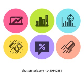 Sales diagram, Payment and Graph chart icons simple set. Discount message, Report timer and Credit card signs. Sale growth chart, Money. Finance set. Flat sales diagram icon. Circle button. Vector
