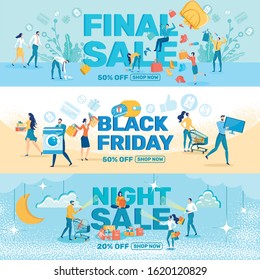 Sales for Different Events in Shops and Stores Flat Cartoon Vector Illustration. Purse with Falling Accessories and Clothes. People Buying Electronics and Appliances. Night Promotion.