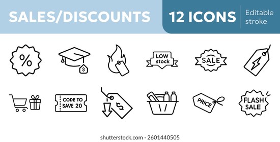 sales discount icons percentage discounts, flash sales, coupons, loyalty rewards