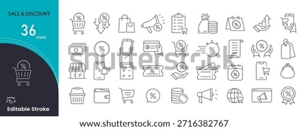 Sales and discount icons set. Includes icons for price reduction, promotion, offers, deals, shopping, and marketing incentives. Perfect for e-commerce, and advertising visuals. Editable stroke.