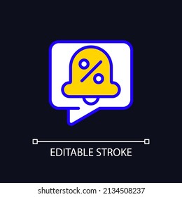 Sales and discount notifications pixel perfect RGB color icon for dark theme. Online shopping. Internet mailing. Simple filled line drawing on night mode background. Editable stroke. Arial font used