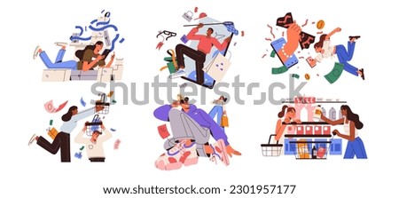 Sales, discount, shopping, consumerism concept. Happy customers, buyers buying goods, products, purchases in online and offline stores. Flat graphic vector illustrations isolated on white background