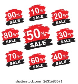 Vendas e desconto Adesivos 10, 20, 30, 40, 50, 60, 70, 80, 90 por cento, Em vermelho e preto cor, ilustrador de vetor.