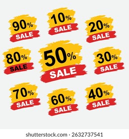 Vendas e desconto Adesivos 10, 20, 30, 40, 50, 60, 70, 80, 90 por cento, Em vermelho e amarelo cor, Vetor ilustrador.