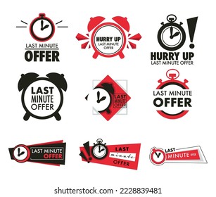 Sales and discounts, clearance and last minute offer from shop or store. Isolated labels and stickers for product. Hurry up, clocks and stopwatches icons showing end time. Vector in flat style