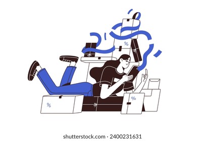 Sales, discounts concept. Shopaholic on online shopping. Customer buy, purchase goods in internet store. Woman lying on boxes, order packages. Contour flat isolated vector illustration on white