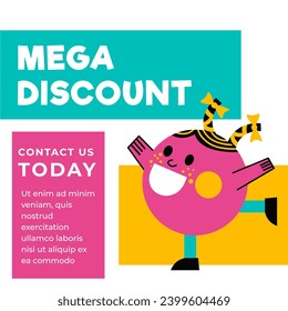 Ventas y descuentos en tiendas y tiendas. Mega reducciones para clientes, contáctenos hoy y compre mucho. Personaje de cerezo. Banner promocional, publicidad y promoción. Vector en plano
