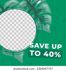 Sales and discounts for shops and stores, tropical leaves and circle. Monstera foliage and clearance announcement. Promotional banners with transparent frame with copy space. Vector in flat style