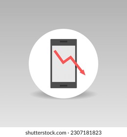 Gráfico de caídas de ventas en el icono de redondeo de la pantalla del smartphone