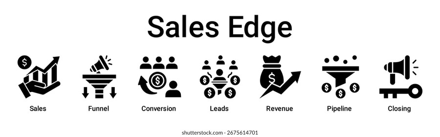 Concepto de Ilustración vectorial de íconos de Web de Anuncio de ventas Edge para negocios con ícono de ventas, embudo, conversión, clientes potenciales, ingresos, tubería.