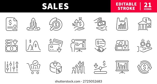 Conjunto de ícones de linha editável de vendas. símbolos de e-commerce e finanças