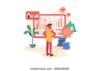 Sales Employees Looking At Product Sales Grown By Marketing Illustration concept. Flat illustration isolated on white background