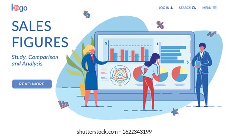 Sales Figures Flat Vector Landing Page Template. Advertising Monitoring. Promotional Research. Marketers and Analysts Team Cartoon Characters. Data Analysis and Comparison Homepage Layout