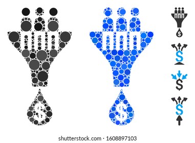 Sales filter mosaic of small circles in different sizes and shades, based on sales filter icon. Vector small circles are grouped into blue mosaic. Dotted sales filter icon in usual and blue versions.