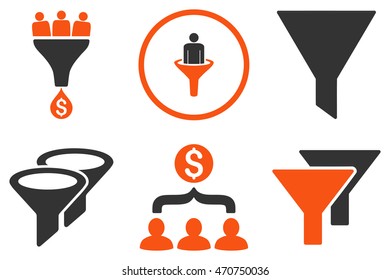 Sales Filter vector icons. Pictogram style is bicolor orange and gray flat icons with rounded angles on a white background.