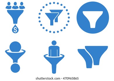 Sales Filter vector icons. Pictogram style is cobalt flat icons with rounded angles on a white background.