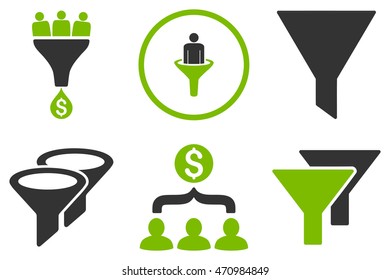 Sales Filter vector icons. Pictogram style is bicolor eco green and gray flat icons with rounded angles on a white background.