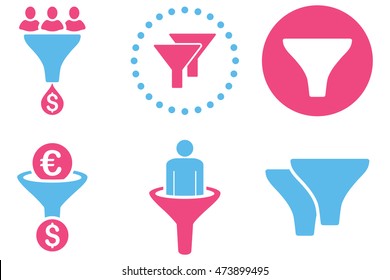 Sales Filter vector icons. Pictogram style is bicolor pink and blue flat icons with rounded angles on a white background.