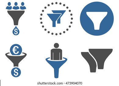 Sales Filter vector icons. Pictogram style is bicolor cobalt and gray flat icons with rounded angles on a white background.