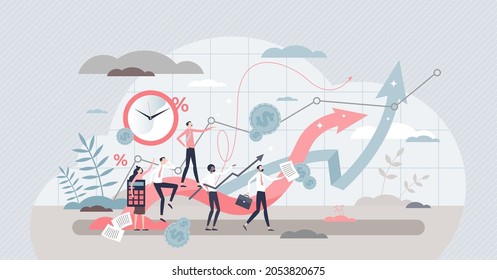 Sales force growth team in action, cooperation teamwork tiny person concept. Business financial success and market strategy improvement based on data. Leading and managing goal oriented sales people. - Shutterstock ID 2053820675